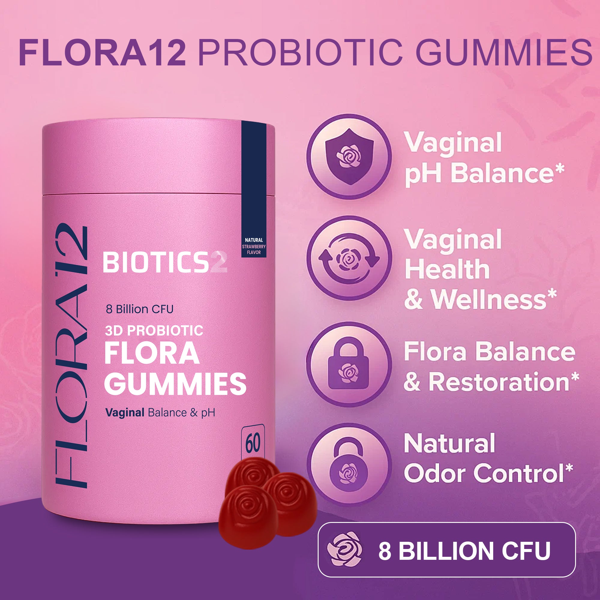 Flora12 3D Probiotic Vaginal Gummies - 8 Billion CFUs - Vegan