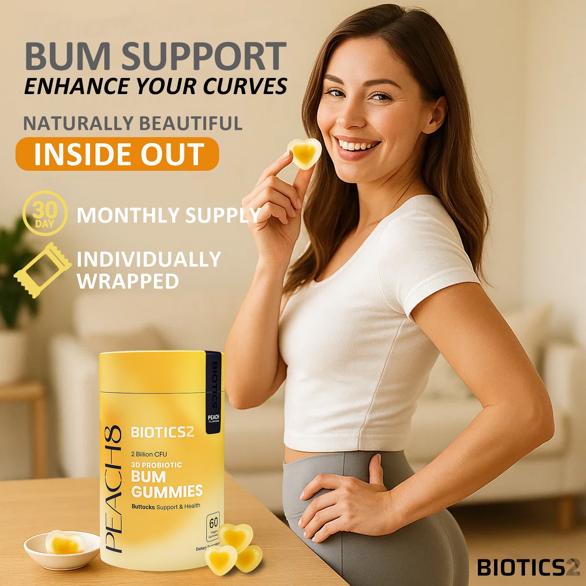 Peach8 3D Probiotic Bum Gummies - 2 Billion CFUs - Vegan