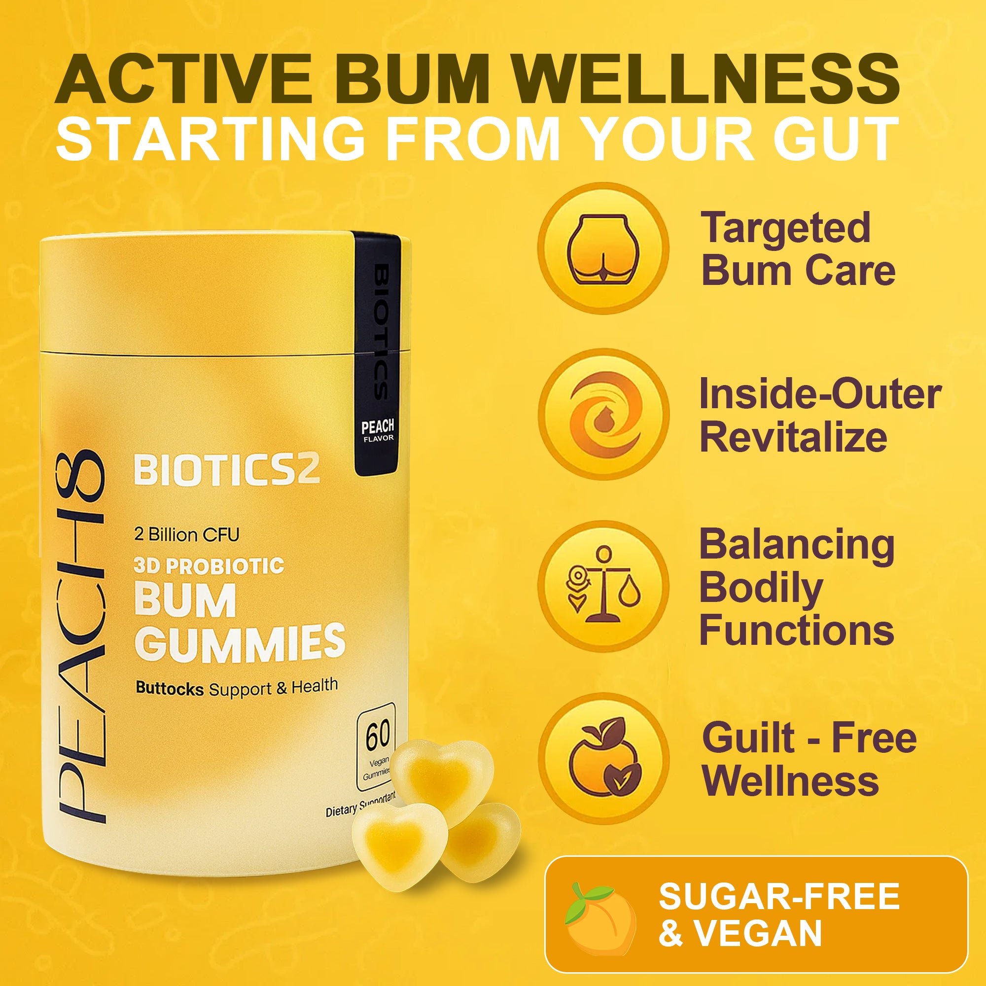 Peach8 3D Probiotic Bum Gummies - 2 Billion CFUs - Vegan